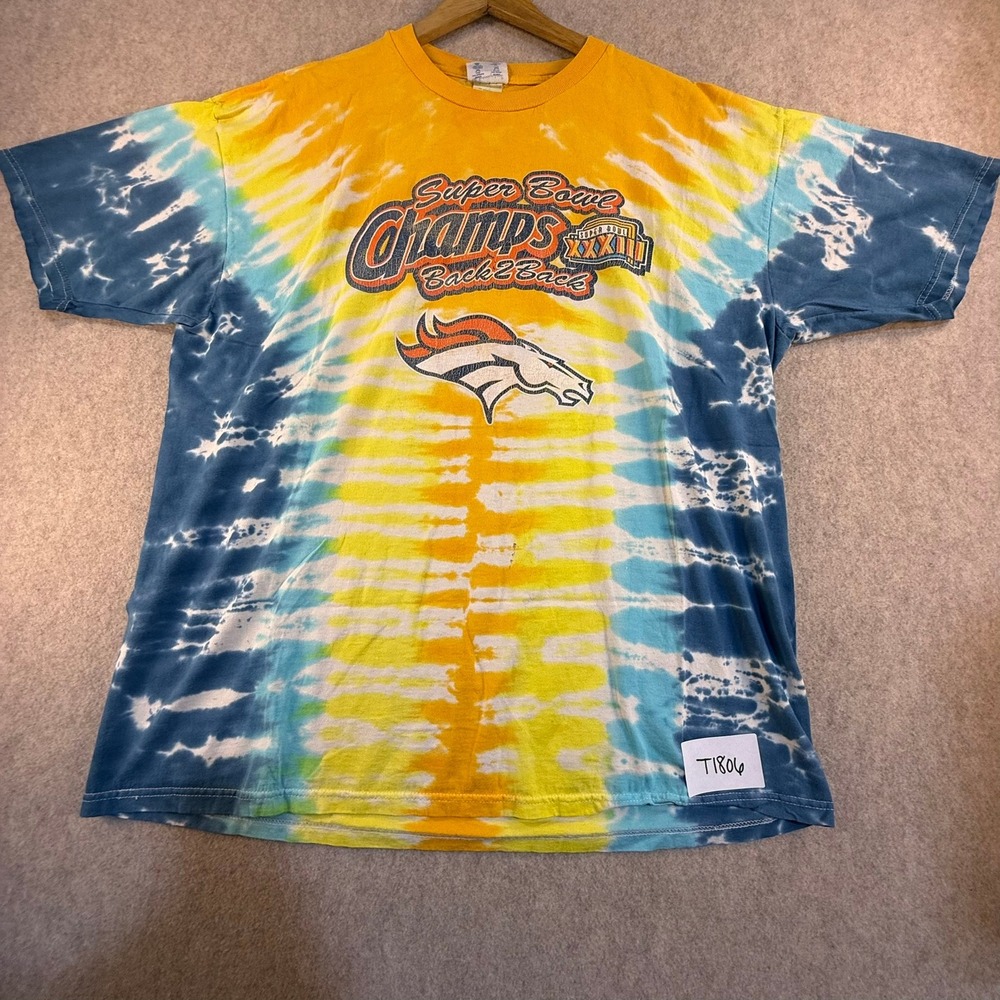 Vintage Champion Denver Broncos Super Bowl XXXIII Tie Dye T-Shirt Mens XL Yellow